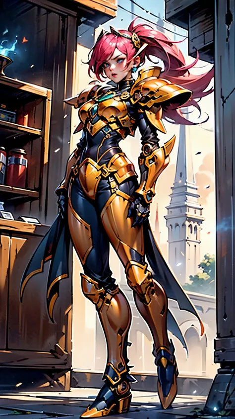 a woman adorned in fantasy-style full-body armor, a crown-concept fully enclosed helmet that unveils only her eyes, a composite ...