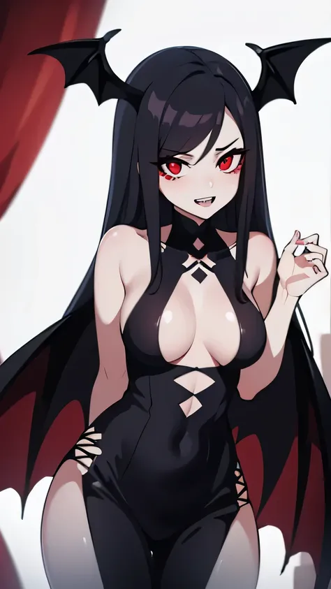 demon woman with long black hair, sharp teeth, glowing red eyes, bat wings on back, ram horns, hazbin hotel