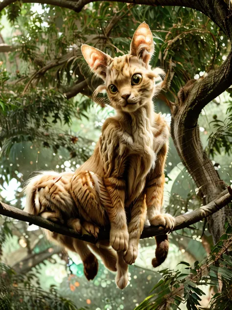 ((a 6 legged cream colored cat with goat eyes laying on a branch in a tree looking down)), cat with long fur and six legs, redwo...