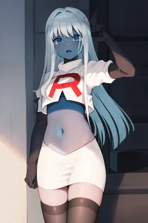 001,masterpiece,((blue skin)), team rocket,team rocket uniform,white skirt,red letter R,crop top,black thigh-highs,black elbow gloves