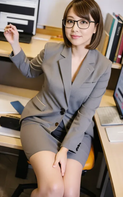 top quality, photorealistic , 8k, high definition, 1 girl, female, (medium: 1.8), plump, thick thigh, office, grey suit, no pant...