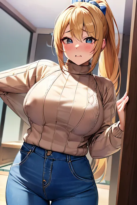 masterpiece, anime, best quality, anime, ((((standing, cowboy shoot)))), cute face, ((((very surprised face)))), blush:1.2, ((look at the viewer)),1 woman, half Japanese, half American, blonde, ponytail, housewife, big breasts, ((((Shes wearing a sweater))...