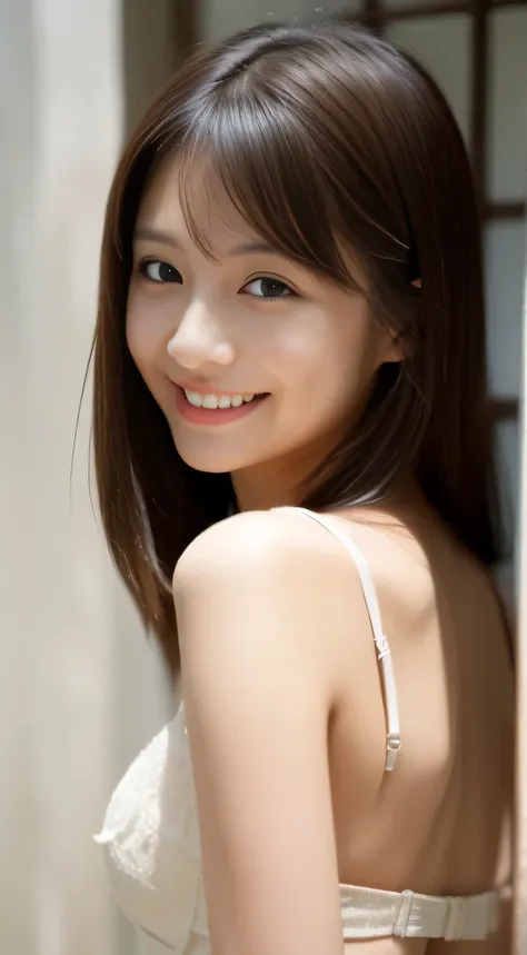 Japanese ),((beautiful girl)),cleavage,An expression that imagines something pleasant:1.2,(perfect body beauty:1.2),((perfect body)),(shy smile),beautiful teeth,