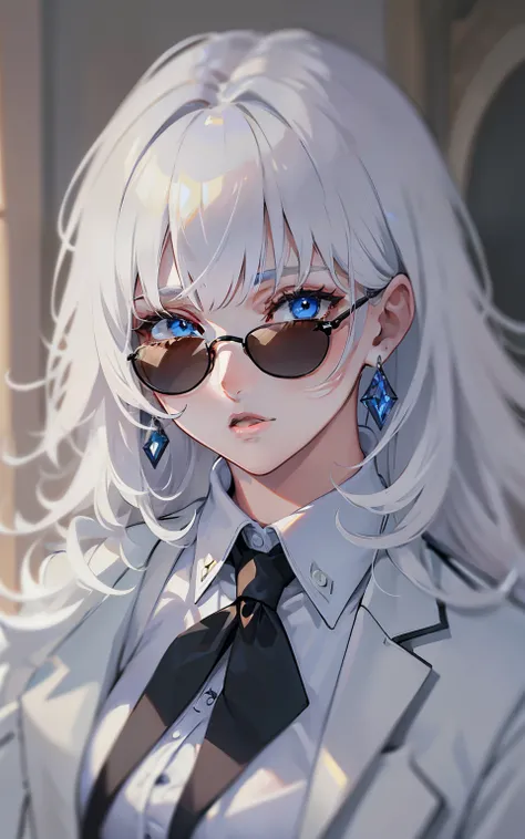 Solo ((perfect handt: 1.2)), White hair, medium hair, best quality, masterpiece, ultra detailed, blunt bangs, beautiful skin, white skin, medium breasts, round sunglasses, both eyes covered, perfeccionism, earrings, cute lips, beautiful, white shirt, black...