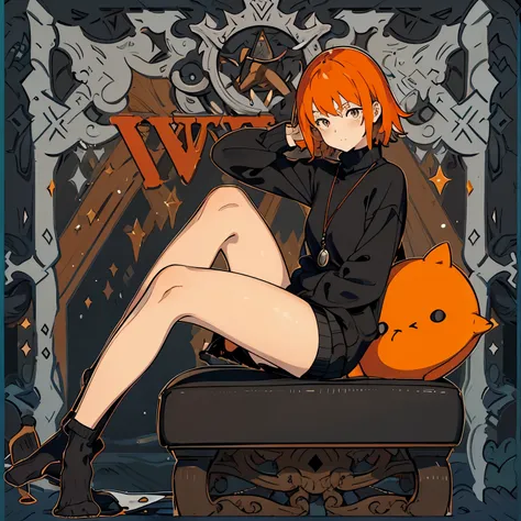 Girl, orange hair, bangs, dark eyes, strapless sweater shirt, black shorts, long socks, sitting on the floor with legs crossed 