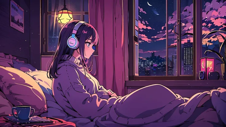 a detailed anime girl, wearing a large sweater, wearing headband headphones, lofi, tranquil, quiet vibes, chilling, in her bedro...