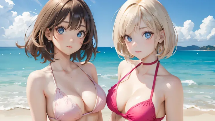 (masterpiece:1.2), (highest quality:1.2),, Curvy but slender body, perfect eyes, perfect face, perfect lighting, 2 girls, ，walk on the beach，（pink bikini），（ruffle bikini），（whole bodyフルショット），（short hair），（smile），curly hair, fine clothes, detailed outdoor ba...