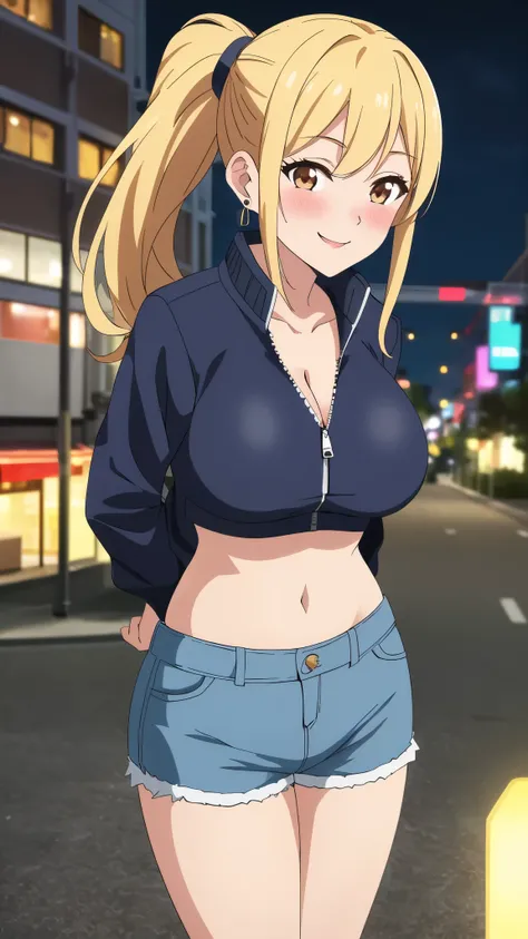 (best quality:1.5, highres, UHD, 4K, detailed lighting, shaders, HDR), blonde ponytail, gyaru, gal, large breasts, unzipped jacket, camisole, cleavage, crop top, shorts, sexy, (blushing), smiling, standing, pov, close shot, earrings, night street backgroun...