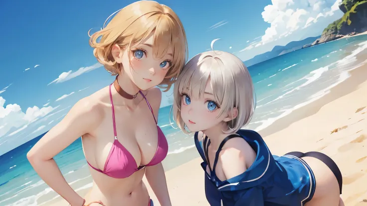 (masterpiece:1.2), (highest quality:1.2),, Curvy but slender body, perfect eyes, perfect face, perfect lighting, 2 girls, ，walk on the beach，I can see your feet，（pink bikini），（ruffle bikini），（whole bodyのフルショット），（short hair），（smile），curly hair, fine clothes...