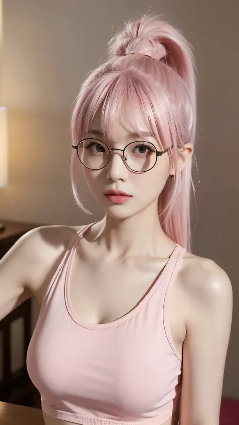 24k, best quality,good lightning,real world graphics,1girl, ultra detailed, thin glasses, pink hair,thin tank top shows breasts, ponytail with bangs, Chinese eyes , Chinese descent, in the room