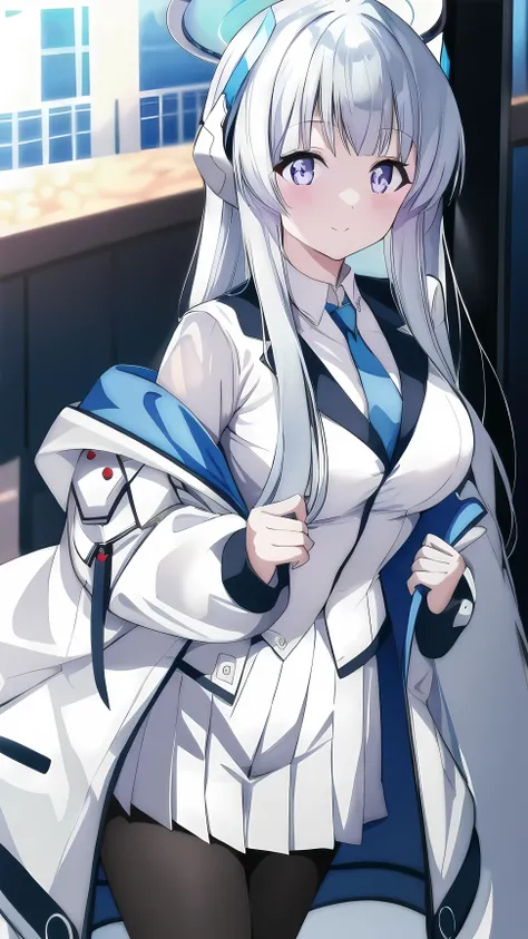 (A superb exquisite ushio noa), 8k, ultra high resolution, (masterpiece:1.2), (highest quality, Beautiful detailed eyes), very delicate, alone, true light and shadow, Are standing, natural movement, break (blue tie, white shirt, off shoulder, white jacket,...