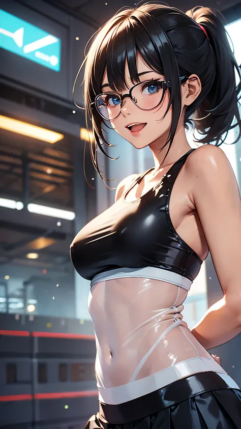 1 female,black hair,25 years old,(((blue shiny micro tight skirt)))((white tank top))(((blush、open mouth smile)),(((straight hair))),(((portrait))),crowd,,(wet with sweat)(sexy black bra and see-through tank top)(Glasses)(((small breasts)))((low ponytail))