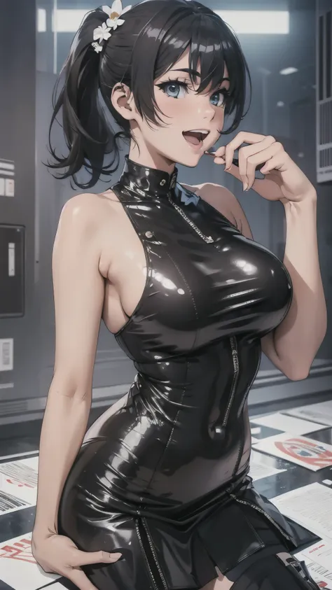 1 female,black hair,25 years old,(((blue shiny micro tight skirt)))((white tank top))(((blush、open mouth smile)),(((straight hair))),(((portrait))),crowd,,(wet with sweat)(sexy black bra and see-through tank top)(leather thigh high boots)(((big breasts)))(...