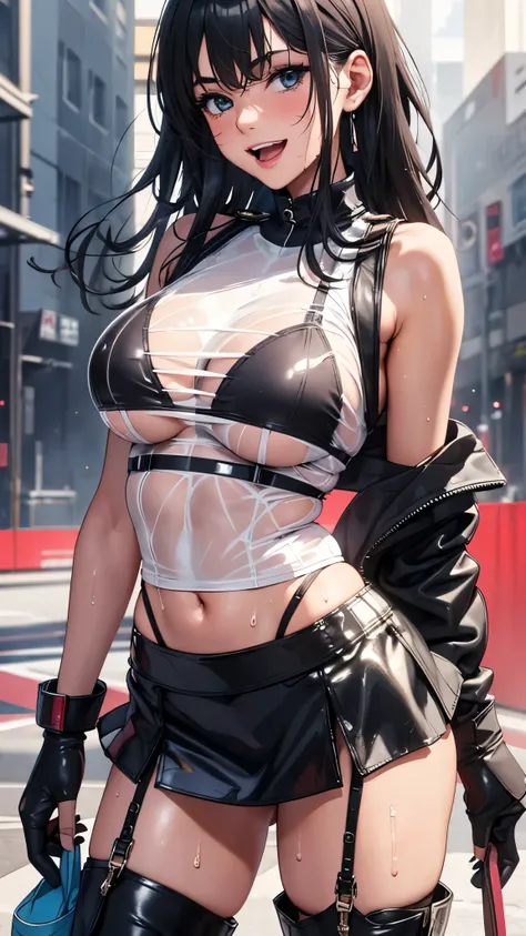 1 female,black hair,25 years old,(((blue shiny micro tight skirt)))((white tank top))(((blush、open mouth smile)),(((straight hair))),(((portrait))),crowd,,(wet with sweat)((sexy black bra and see-through tank top))(leather thigh high boots)(((big breasts))...