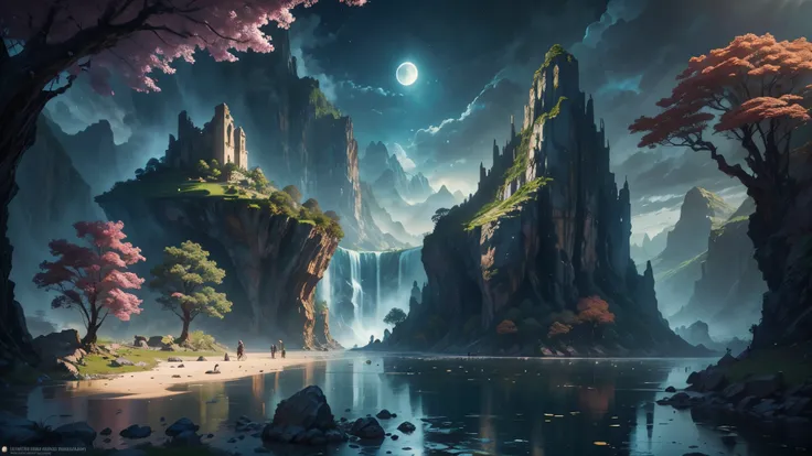 there is a large waterfall in the middle of a mountain, ancient city, epic matte painting of an island, the lost city of atlantis, an aztec city in a island lake, ancient city landscape, lost city of atlantis, marc simonetti. intricate, beautiful concept a...