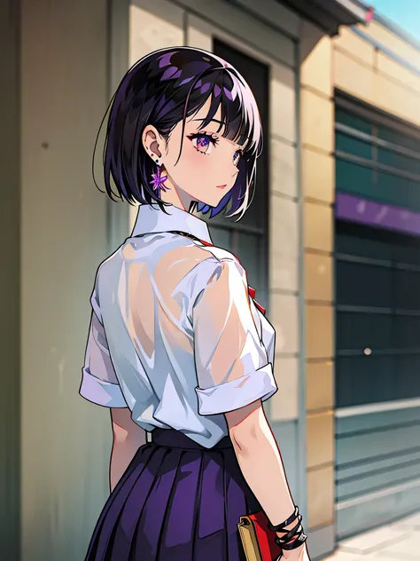 girl in school uniform with black and purple hair standing in front of 紫色の背景, 1 girl, alone, short hair, skirt, shirt, black hair, tie, simple background, white shirt, purple eyes, black tie, jewelry, pleated skirt, From the side, short sleeve, earrings, c...