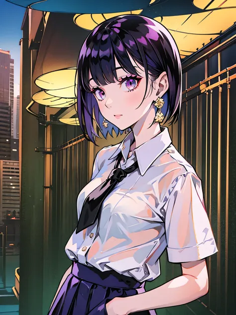 girl in school uniform with black and purple hair standing in front of 紫色の背景, 1 girl, alone, short hair, skirt, shirt, black hair, tie, simple background, white shirt, purple eyes, black tie, jewelry, pleated skirt, From the side, short sleeve, earrings, c...