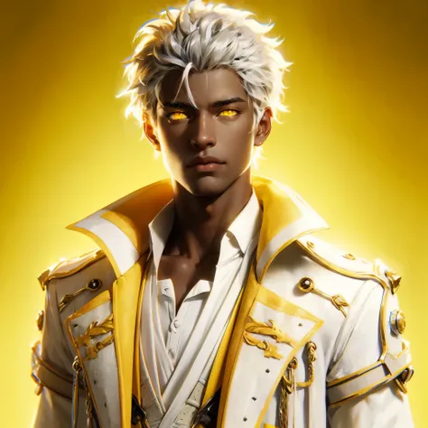 a fantasy novel anime style of a character portrait. he is 19 years old. He is African-American. He is handsome. He has unkempt white hair. He is powerful. Handsome face. he has yellow glowing eyes. He is wearing a yellow and white medieval masculine fanta...