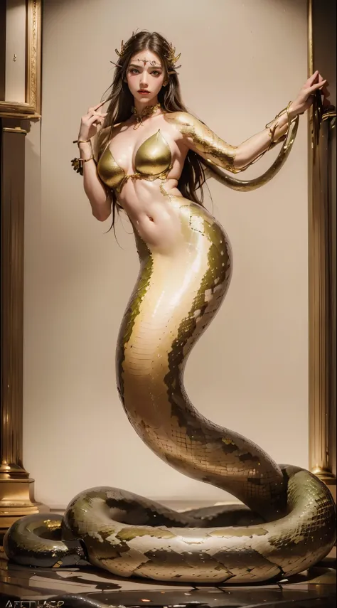 tmasterpiece，Best quality at best，RAW photos，A high resolution，art by apterus. queen of demons, Medusa:1.3，（mermaids:1.2），（Elongated snake tail:1.3），once very beautiful, Sensual, enchanting,big chest and thin waist, Red long-haired, sharp black eyes,Redlip...