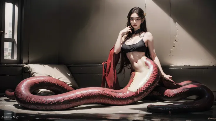 tmasterpiece,Best quality at best,RAW photos,A high resolution,art by apterus. queen of demons, Medusa:1.3,(mermaids:1.2),(Elongated snake tail:1.3),once very beautiful, Sensual, enchanting,big chest and thin waist, Red long-haired, sharp black eyes,Redlip...