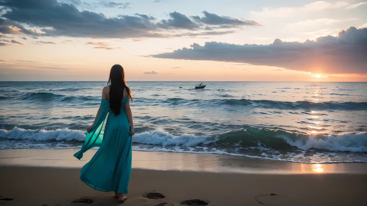 1 beautiful girl，Tall，beach裙，long flowing hair，sea breeze，standing by the sea，looking into the distance，sunset，sea，reef，waves，beach，shot from behind，8k，Atmosphere，Super wide angle shooting