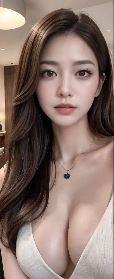 (Best quality, High resolution, Masterpiece :1.3), A tall and pretty woman, Slender abs, Dark brown hair styled in loose waves, Breasts, Wearing pendant, nude, (Modern architecture in room), Details exquisitely rendered in the face and skin texture, Detail...