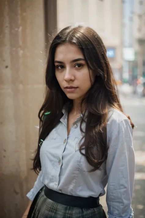 (((photographic, photo, photogenic))), beautiful girl, Mexican greek, brunette, long hair, (detailed face, nose), wearing ((Maxi skirt)) and ((Button-up shirt)) (f1.8 short focus bokeh), focus on eyes, studio white background ,