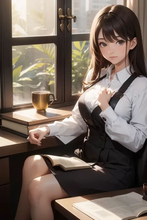 Masterpiece, top quality, high resolution, realistic, solo,
Brown-haired, beautiful woman with long eyes, wore a secretarial office outfit, sitting, holding a book close to her chest, deep in thought.
Background: Minimalistic office setup, with a window ov...