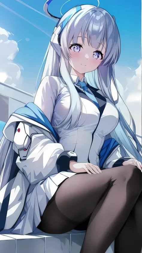 (A superb exquisite ushio noa), 8k, ultra high resolution, (masterpiece:1.2), (highest quality, Beautiful detailed eyes), very delicate, 5 fingers, alone, true light and shadow, model pose, (blue tie, white shirt, off shoulder, white open jacket, long slee...