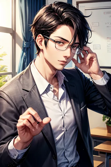 Charismatic male teacher with black hair and glasses