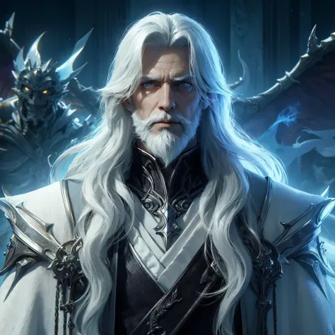 a fantasy novel 3d animated style of a character portrait. he is 100 years old. He is very powerful. He has long white hair. And a white beard. Old wise face. Silver Eyes. He is wearing a White, silver and black medieval fantasy mage gown. He is strong. Po...