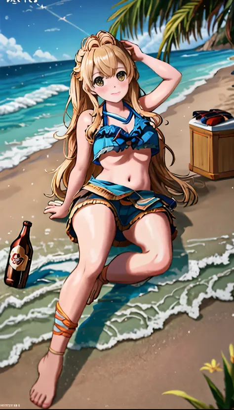 Chica de anime acostada en una cama con una botella de cerveza, en una playa, Fanart de alta calidad, en la playa, Tendencias en ArtStation Pixiv, Guweiz y Pixiv Artstation, Fanart exquisito altamente detallado, Artgerm extremadamente detallado, ArteZeroch...