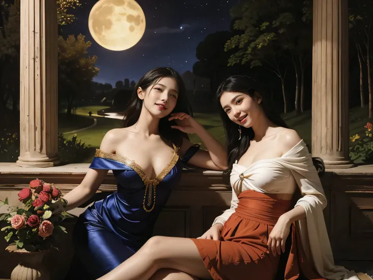 Giorgione painting style,Arguments of two female Philosophe,math、astronomical machine、astronaut、roses in vase、fruits、Cute trinkets、smile、ancient greek costume、Background is a forest lake at night 、Clothes that stretch your shoulders、A big smile、beautiful b...