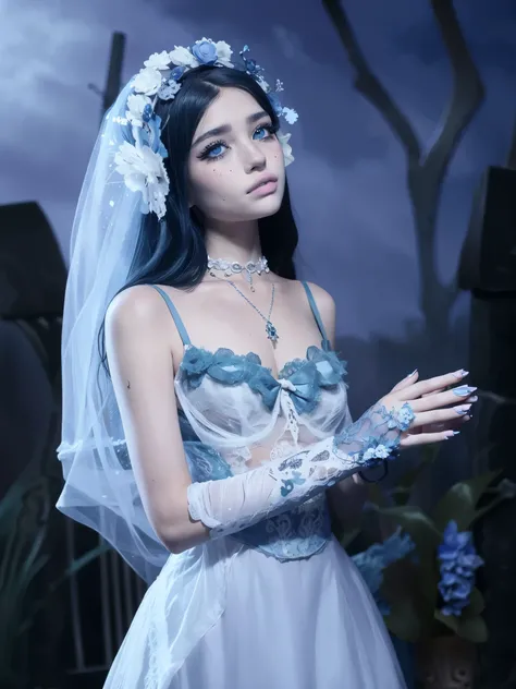 Un primer plano de una mujer con un vestido de novia con velo, corpse bride style, Corpse Bride art style, she has pale blue skin.!!!, al estilo de anne stokes, gothic maiden, an elegant gothic princess,  earley, wearing gothic accessories, pale gothic bea...