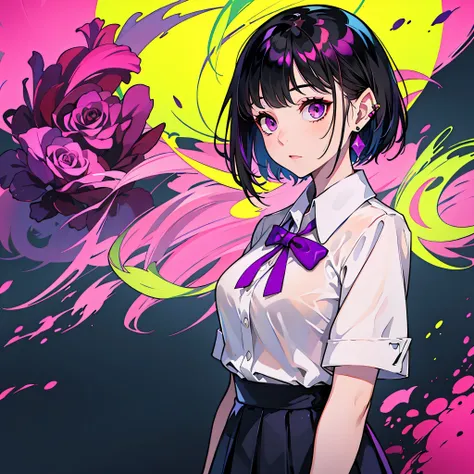 girl in school uniform with black and purple hair standing in front of purple background, 1 girl, alone, short hair, skirt, shir...