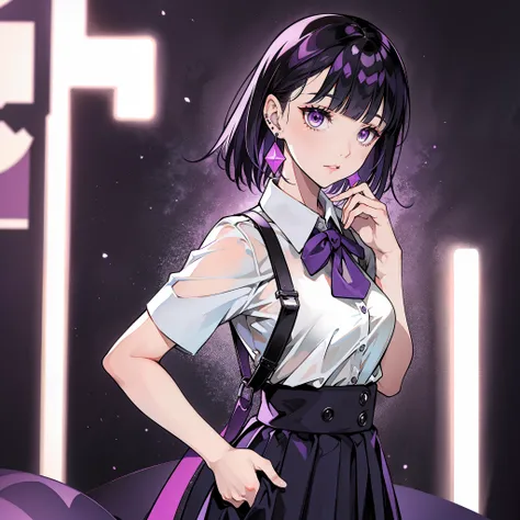 girl in school uniform with black and purple hair standing in front of purple background, 1 girl, alone, short hair, skirt, shirt, black hair, purple background, white shirt, purple eyes, black , pleated skirt, From the side, short sleeve, earrings, collar...