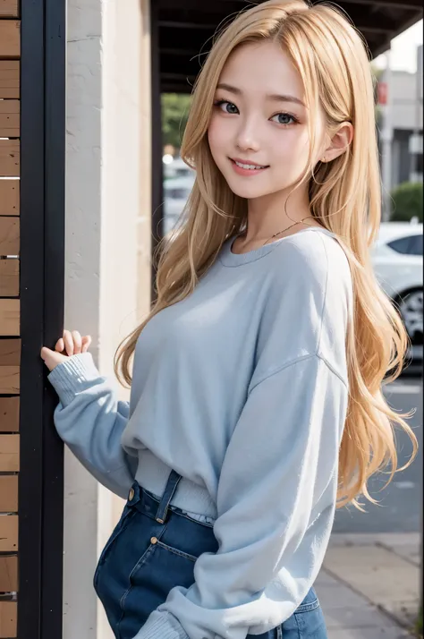 studio light, Depth of the bounds written, Upper body, thin, cute顔, smile, beautiful detail eyes, 19 years old Japanese, cute, Warm blonde voluminous curls, plaza, casual