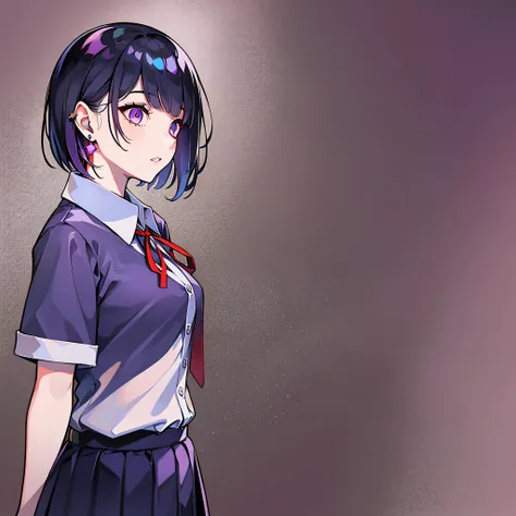 girl in school uniform with black and purple hair standing in front of purple background, 1 girl, alone, short hair, skirt, shir...