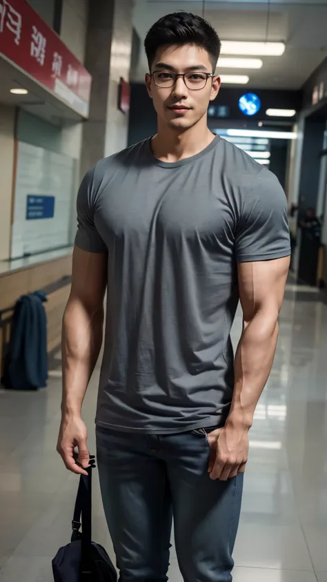 1 man, smile, full body, (Wearing a gray high round neck t-shirt.), Jeans, Korean people , korean men, (high glossy details), chest muscles, large arm muscles, blood vessel, big muscles, Broad shoulders, looking at the audience, Balancing the eyes, (Wear g...