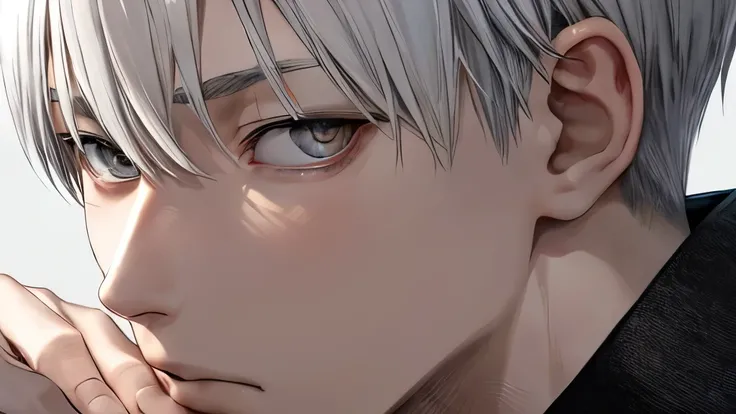 Avatar of a silver-haired man，juvenile，young people，Have bangs，prickly short hair，Japanese manga style，Hold your face with one hand，Hold your face with your hands，Lazy eyes，plain expression，strong light and shadow，Thick coating，Fine detail in light and sha...