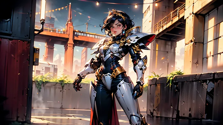 A woman adorned in fantasy-style full-body armor, a crown-concept fully enclosed helmet that unveils only her eyes, a composite layered chest plate, fully encompassing shoulder and hand guards, a lightweight waist armor, form-fitting shin guards, the overa...