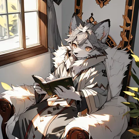 high detail, super quality, high resolution, 1080p, alone, hairy, （Female arctic fox: 1.5), (gray fur: 1.3), gray skin, gray ears, golden eyes, sharp claws,medium breasts ，(hairy尾巴: 1.2), sitting in chair reading a book, in the room, natural lighting, Deta...