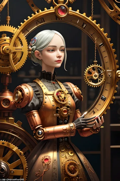 Mechanical Doll: obra-prima, intricately detailed, textura 8K, realista, meticulously crafted, gears and cogs visible, cinematic light, sharp focus, stunningly lifelike, captivating, made of brass and copper, HDR, vibrant colors, subtle patina, intriguing ...