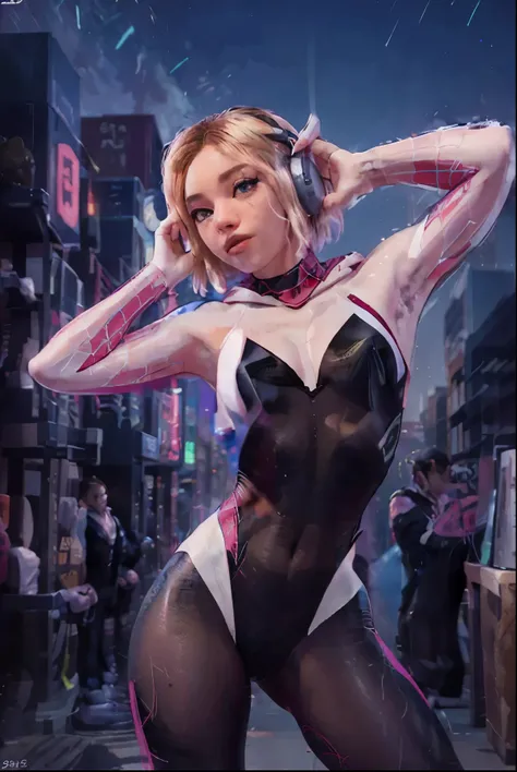 Spider Gwen, extremamente realista, muito linda, sexy, bunda grande, pernas grossas, Fitness, listening to music on headphones