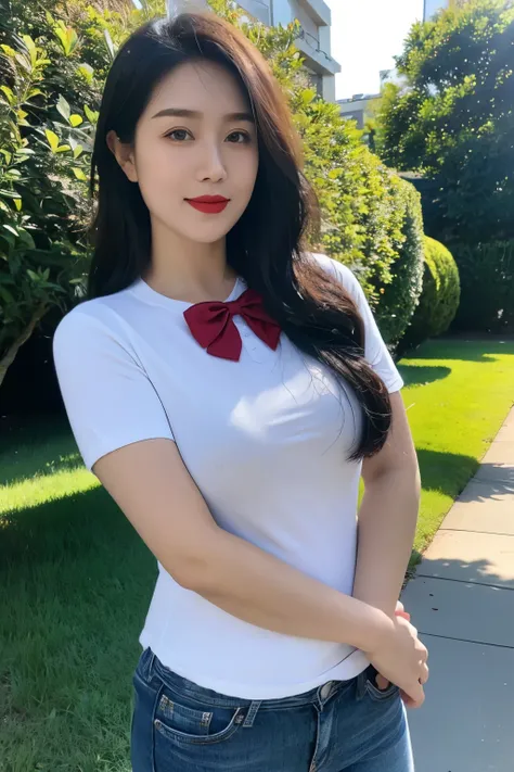 Draw lips correctly, red lipstick, from chest up, best quality, Super detailed, lifelike, Super fine skin, perfect anatomy, (1 日本Mature的女人), (alone)，Wear a white crew neck shirt，，red bow tie，Buttons clearly visible，，，short sleeves，blue jeans，，wavy long hai...