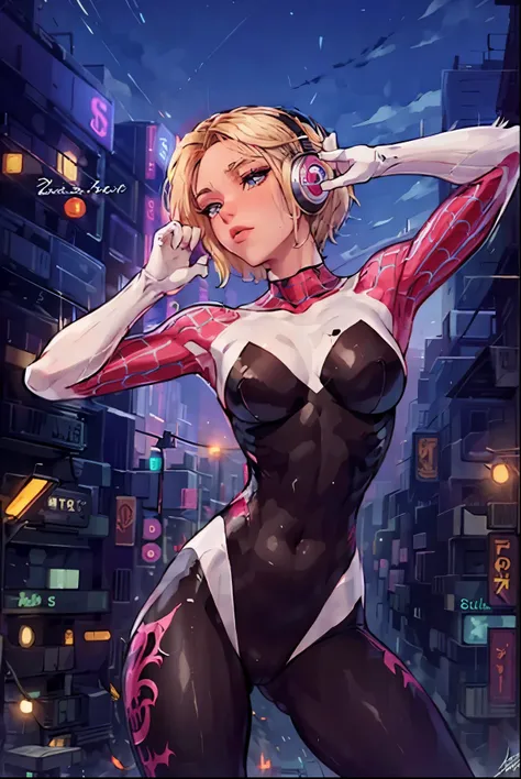 Spider Gwen, extremamente realista, muito linda, sexy, bunda grande, pernas grossas, Fitness, listening to music on headphones