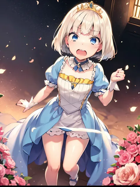 Princess Blue Dress、gold tiara、Transparent pure white skin、Glossy skin、long hair、golden hair、blue eyes、room、blush、skinny、view from below、squat with legs apart、crying face、small mouth、emphasize the muscles of the pussy、belly button、((10 years old))、(((Mastu...