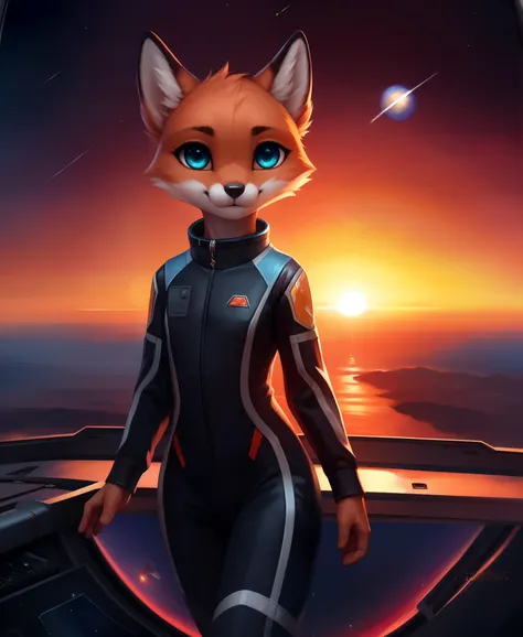 breathtaking oil painting, (Anthro chibi,slim,thin hips,same head size as shoulders ) fox in a space suit with glass space helmet:1.3,floating in space, space suit cable,swimming at zero gravity, hearth stratosphere background, pixelsketcher art style, cin...