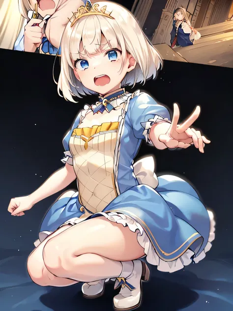 Princess Blue Dress、gold tiara、Transparent pure white skin、Glossy skin、long hair、golden hair、blue eyes、room、blush、skinny、view from below、squat with legs apart、crying face、small mouth、emphasize the muscles of the pussy、belly button、((10 years old))、(((Mastu...