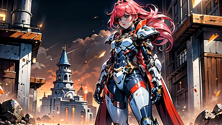 A woman adorned in fantasy-style full-body armor, a crown-concept fully enclosed helmet that unveils only her eyes, a composite layered chest plate, fully encompassing shoulder and hand guards, a lightweight waist armor, form-fitting shin guards, the overa...